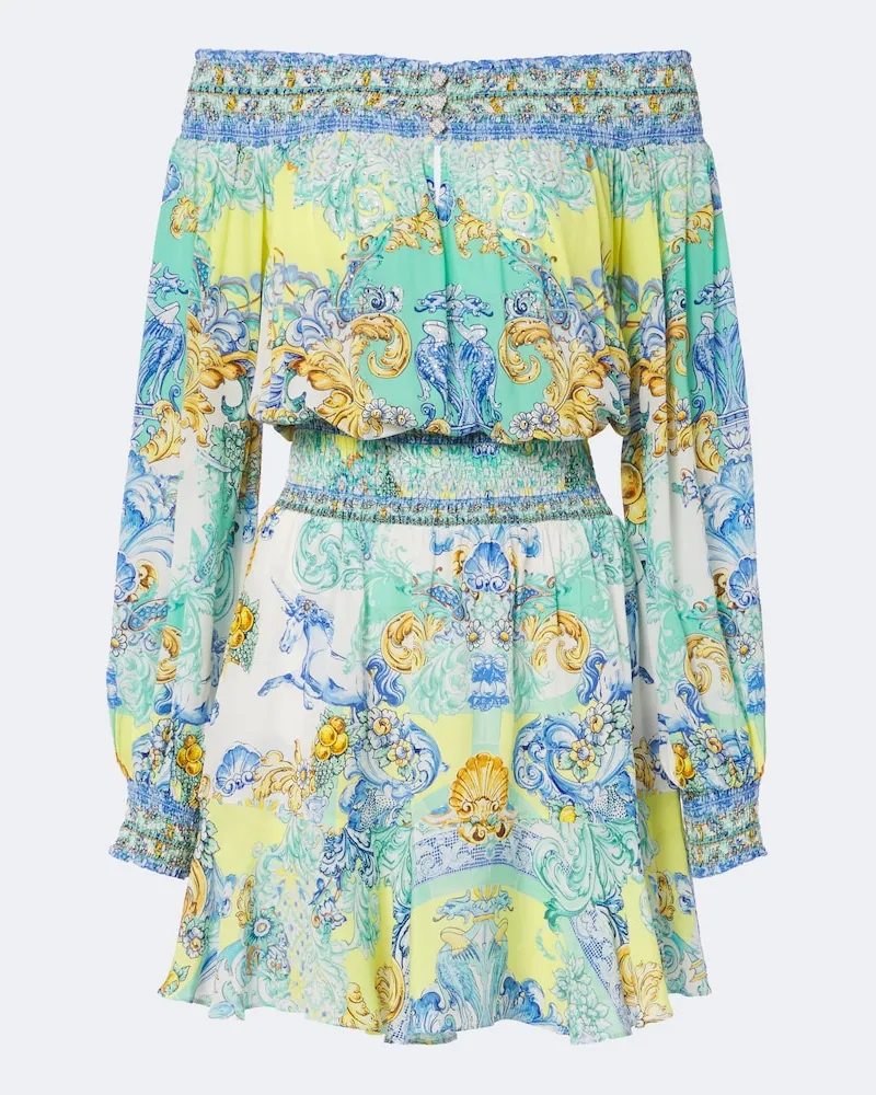 Camilla Abito corto in seta off-shoulder con stampa Multicolore