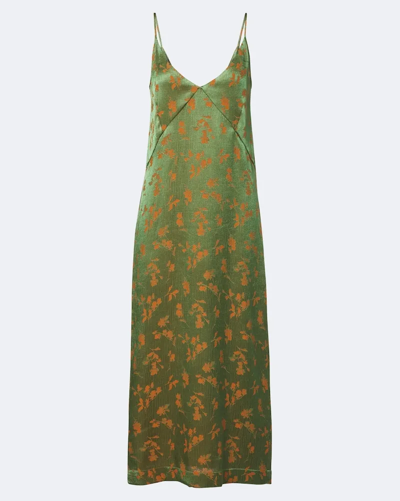 Dries van Noten Abito sottoveste in raso jacquard floreale Verde