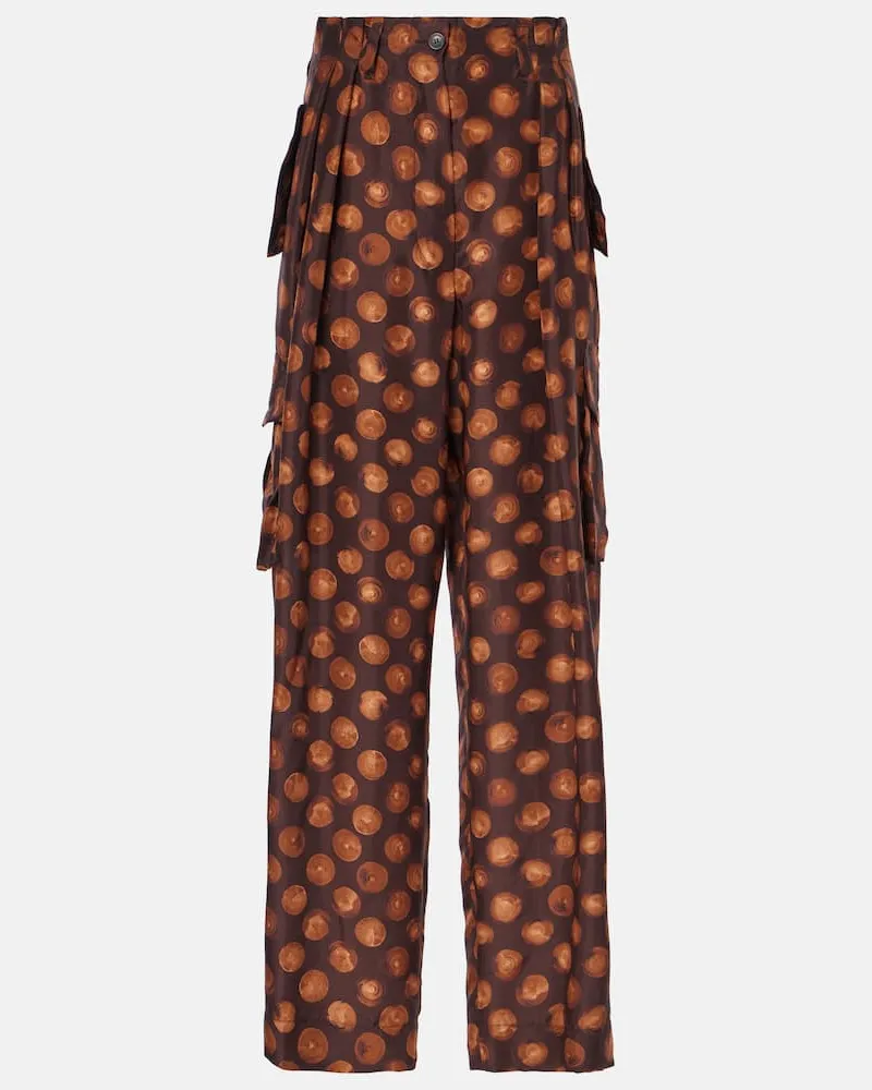 Dries van Noten Pantaloni cargo in seta con stampa Marrone