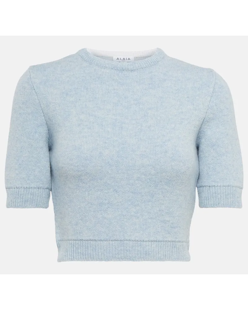 Alaïa AlaÃ¯a Pullover cropped in lana Blu