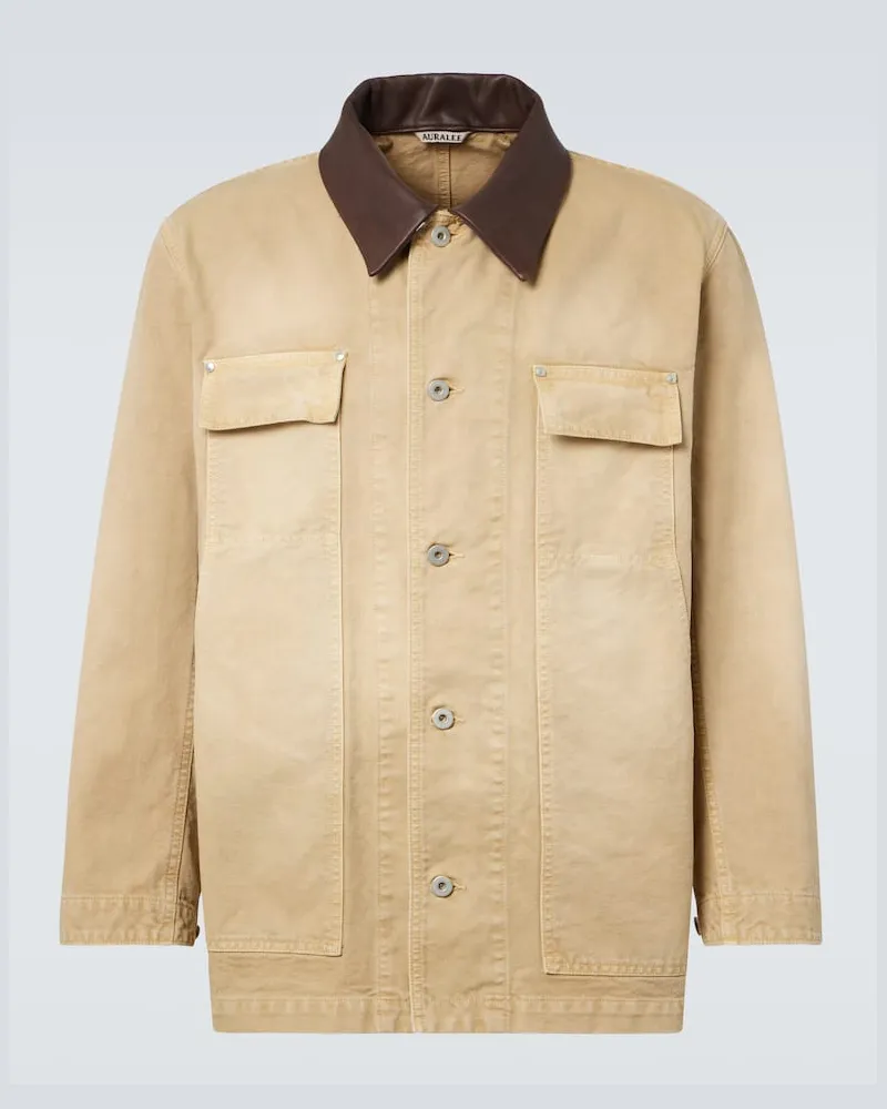 AURALEE Giacca blouson in cotone con pelle Beige