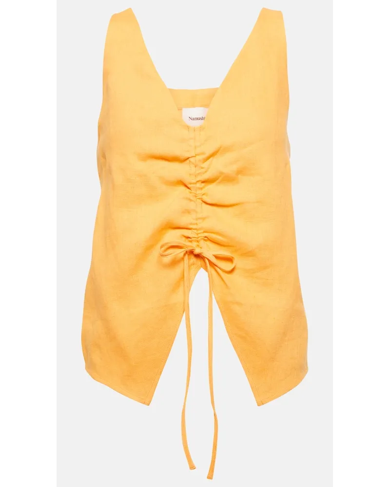 Nanushka Top in lino con ruches Arancione