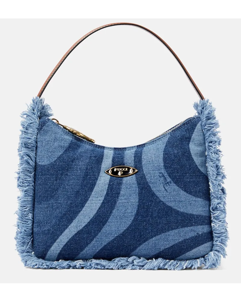 Emilio Pucci Borsa a spalla Marmo in denim con frange Blu