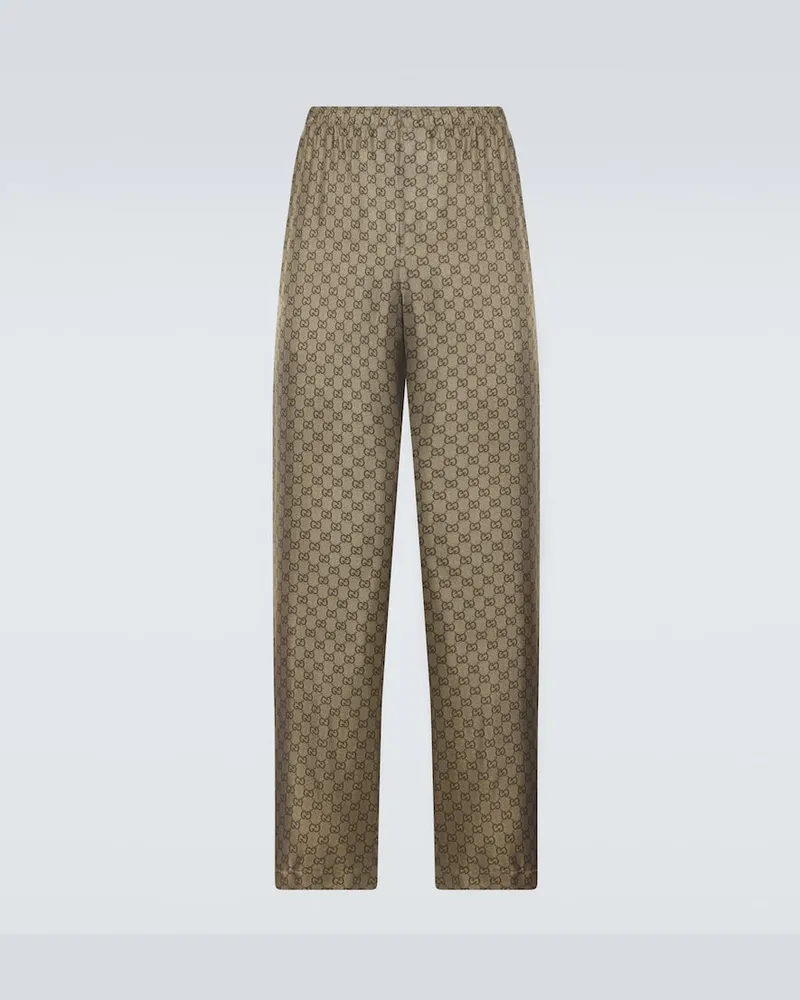 Gucci Pantaloni regular in twill di seta GG Beige