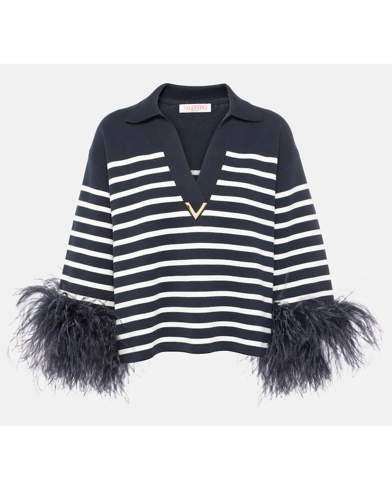 Valentino Garavani Pullover VGold in cotone con piume Blu