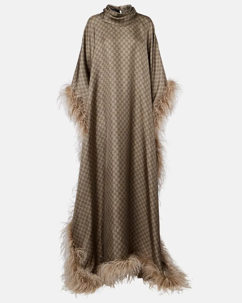 Gucci Caftano GG in twill di seta con piume Beige