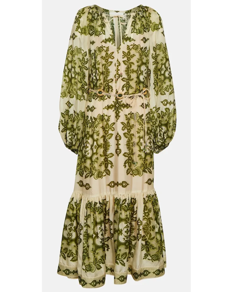 Zimmermann Abito midi Raie in seta con stampa Verde