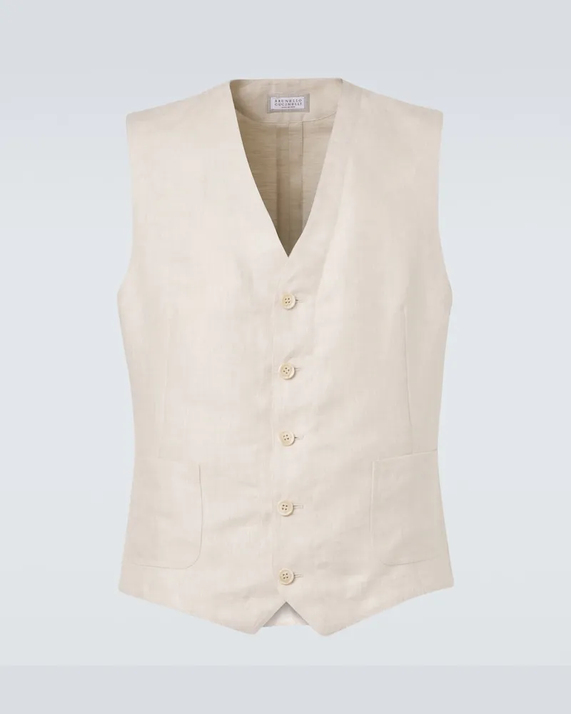 Brunello Cucinelli Gilet in lino a spina di pesce Bianco