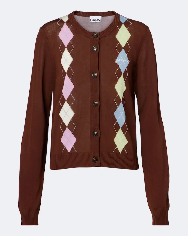 Ganni Cardigan Argyle in cotone Marrone