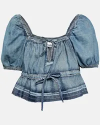 Ganni Top cropped in denim Blu