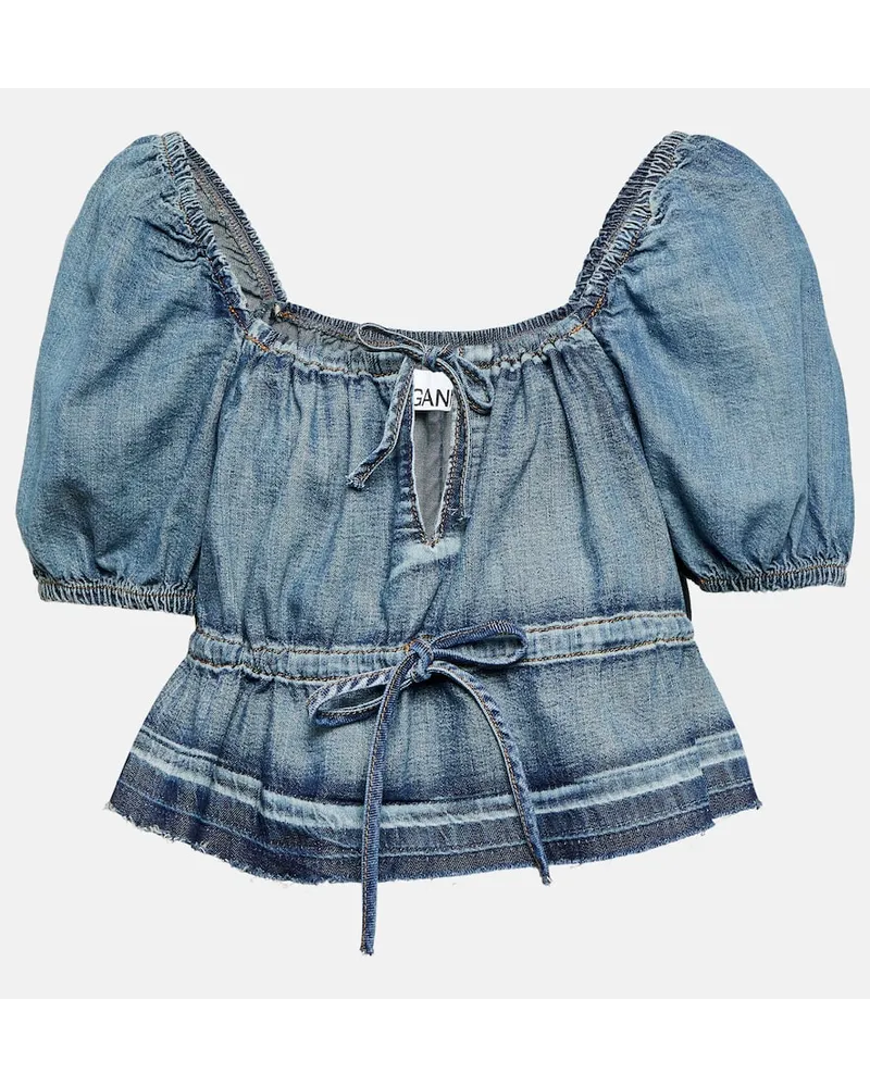 Ganni Top cropped in denim Blu