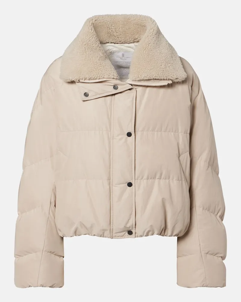Brunello Cucinelli Piumino in misto cotone con shearling Beige