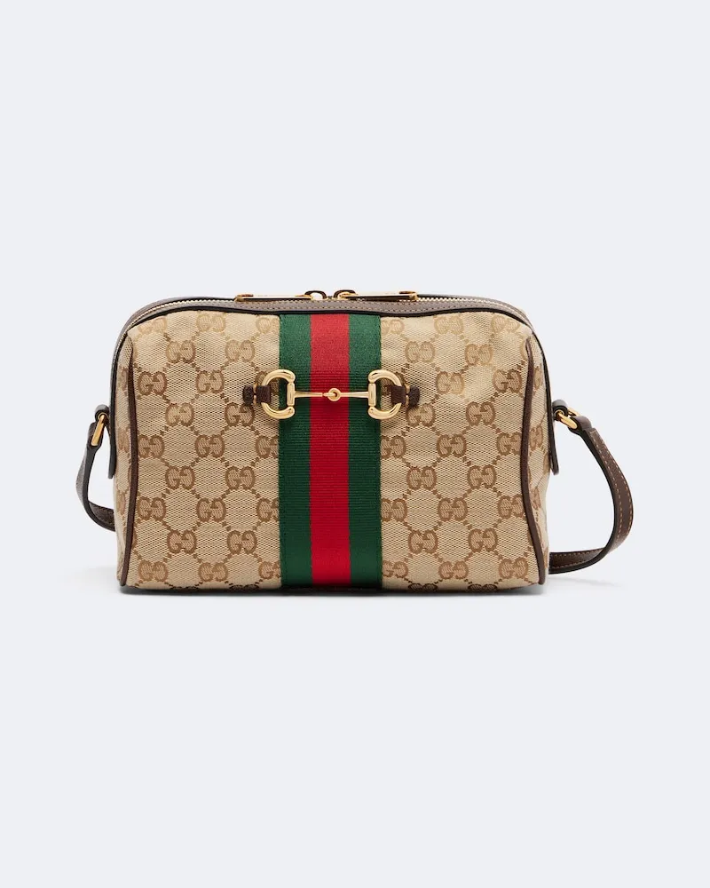 Gucci Borsa a tracolla Horsebit Small in canvas GG Beige
