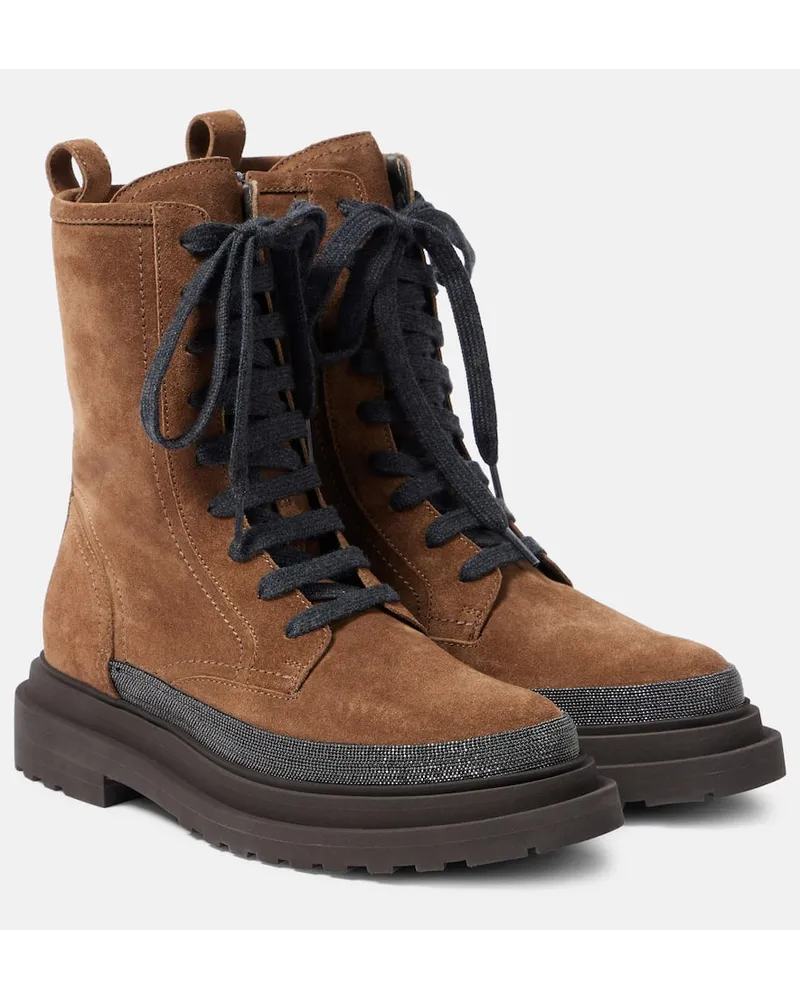 Brunello Cucinelli Anfibi in suede con monili Grigio
