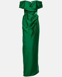 Vivienne Westwood Abito lungo in raso con scollo bardot Verde