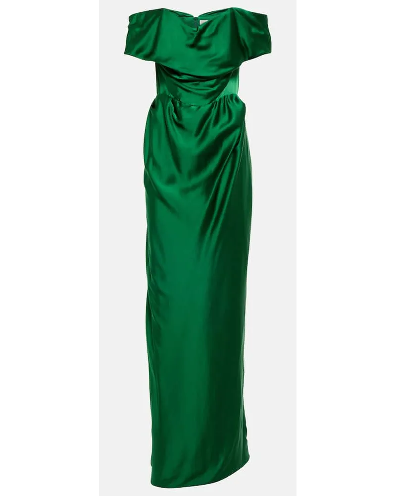 Vivienne Westwood Abito lungo in raso con scollo bardot Verde