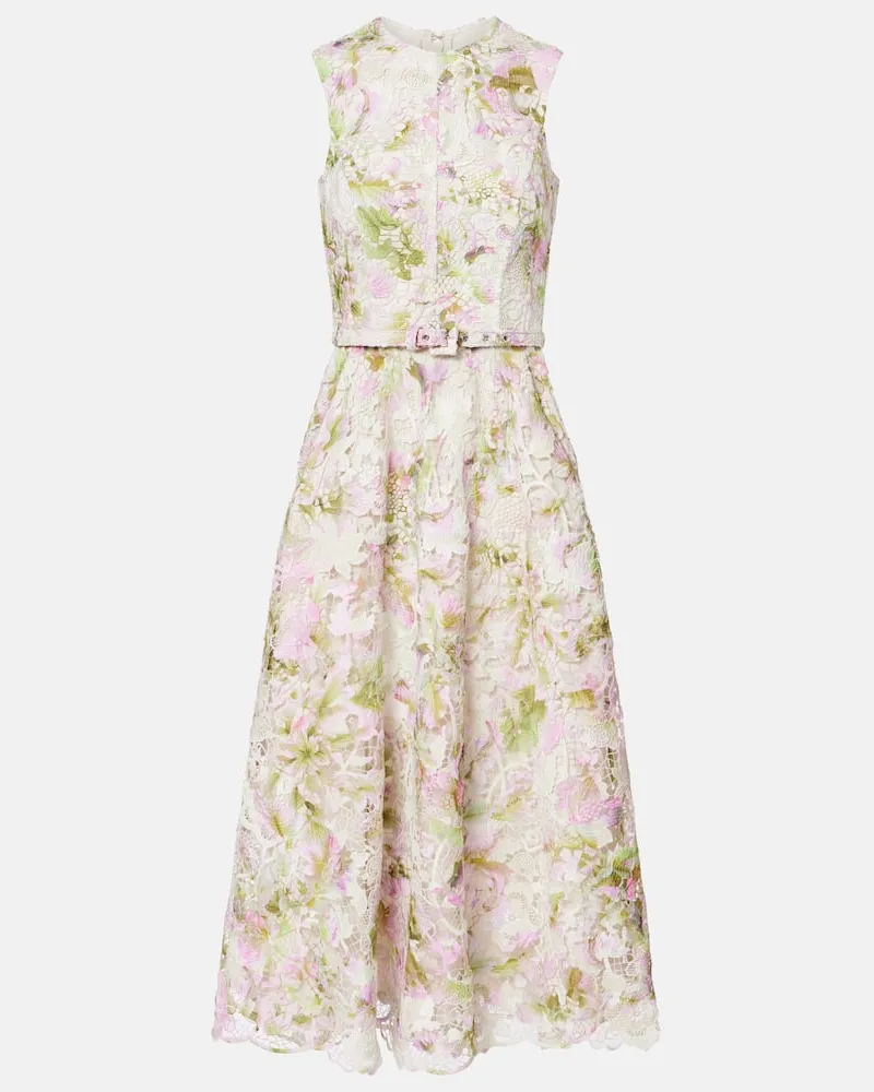 Monique Lhuillier Abito midi in pizzo con cintura Multicolore