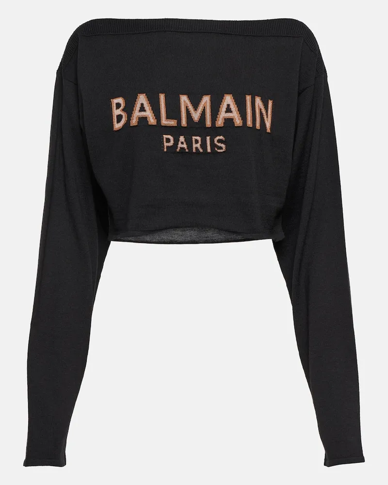 Balmain Pullover cropped in misto lana Nero