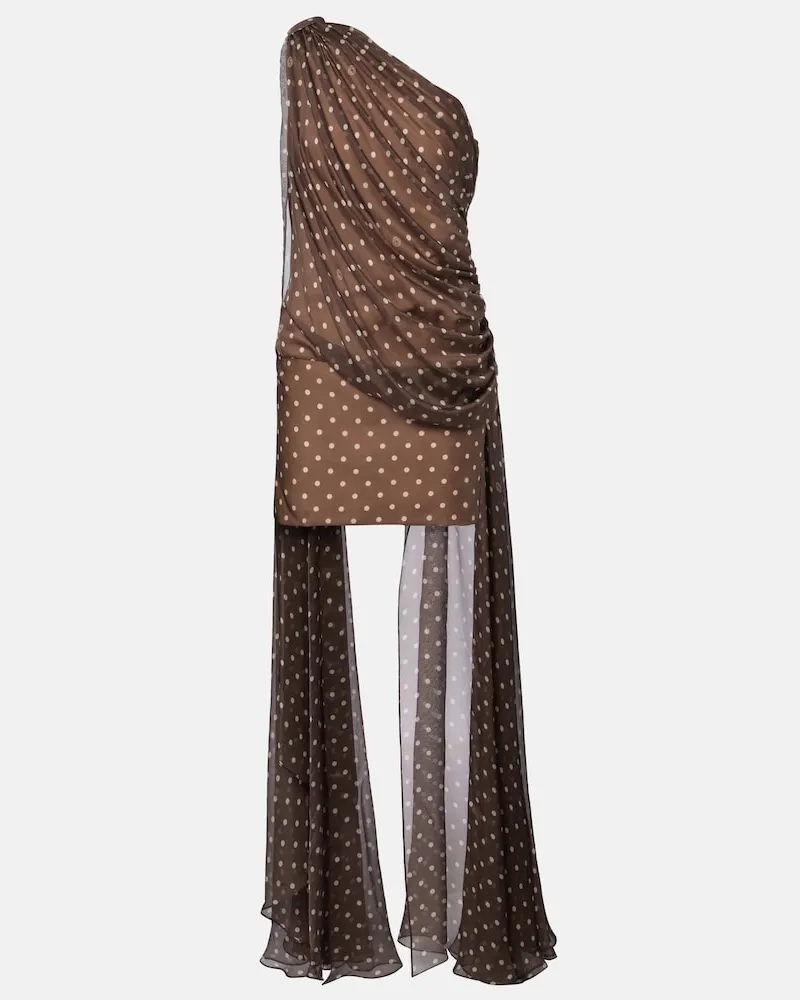 Elie Saab Abito corto monospalla in misto seta a pois Marrone