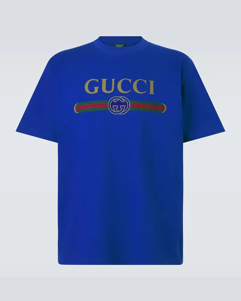 Gucci T-shirt in jersey di cotone e seta con logo Blu