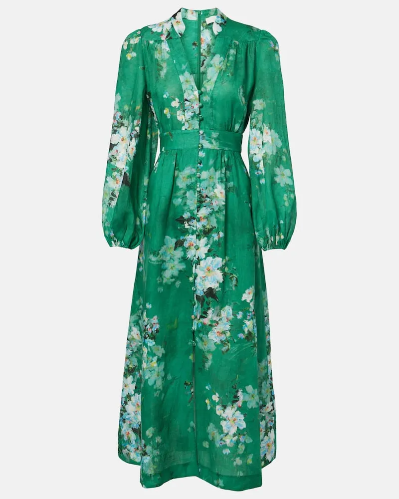 Zimmermann Abito midi Everly in lino con stampa Verde