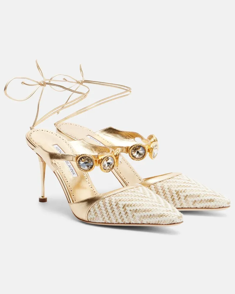 Manolo Blahnik Pumps Soria in canvas effetto rafia con pelle metallizzata Oro