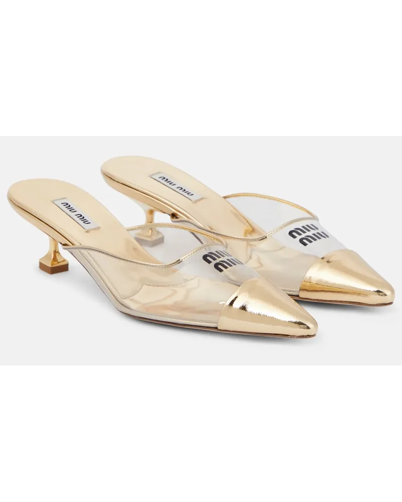 Miu Miu Mules in pelle e PVC con logo Oro