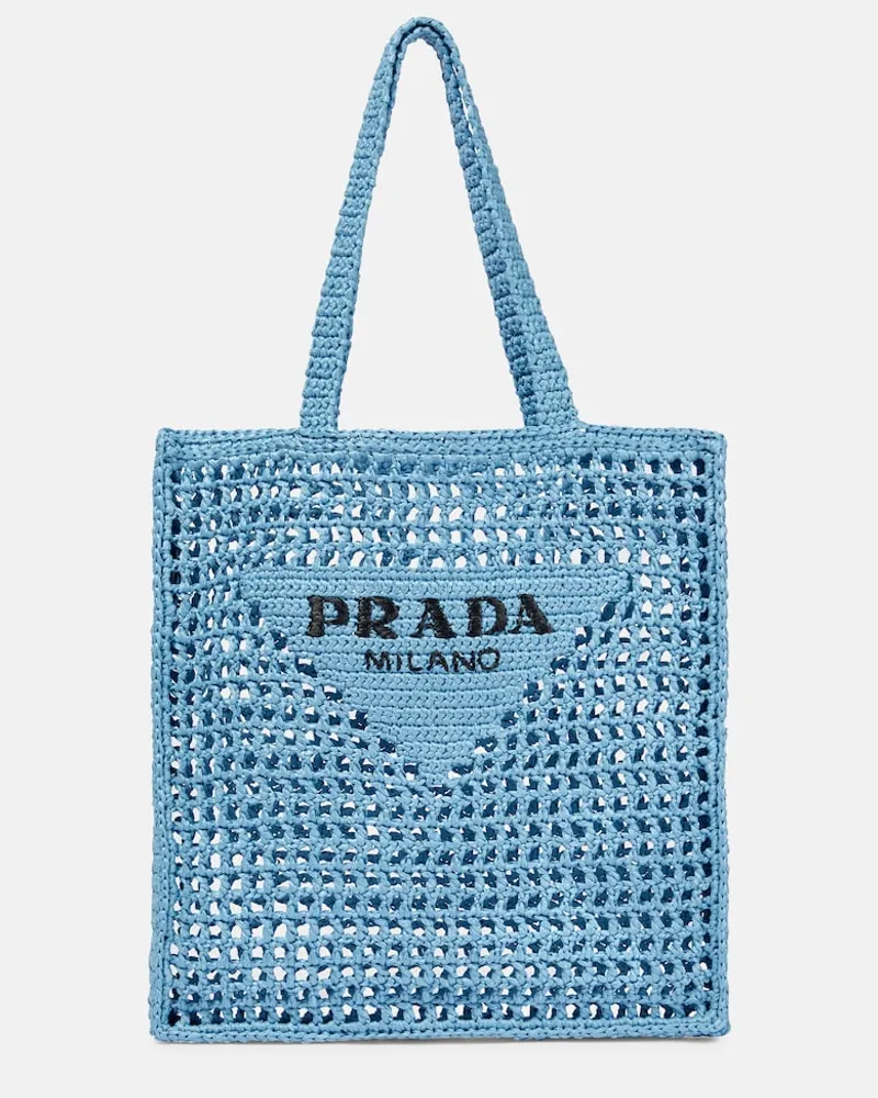 Prada Shopper effetto rafia con logo Blu