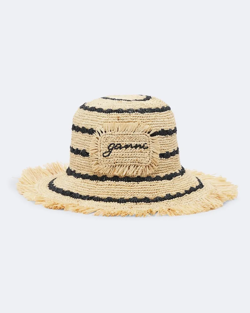 Ganni Cappello da pescatore in rafia a righe Beige