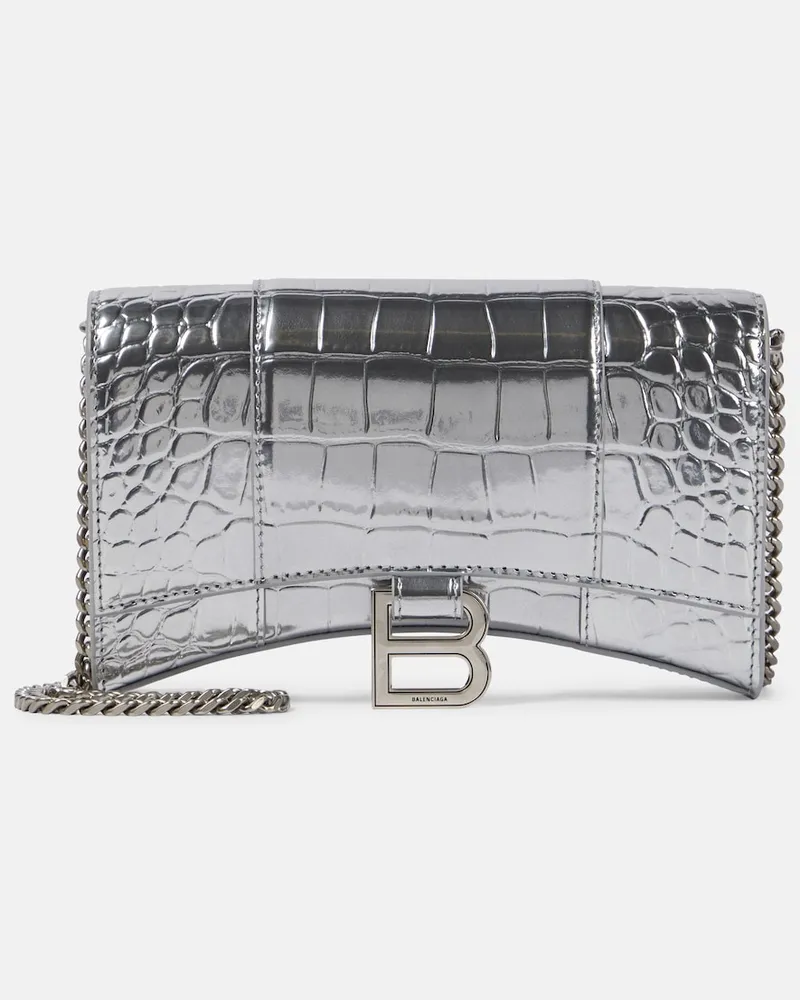Balenciaga Clutch portafoglio Hourglass Mini in pelle metallizzata Argento