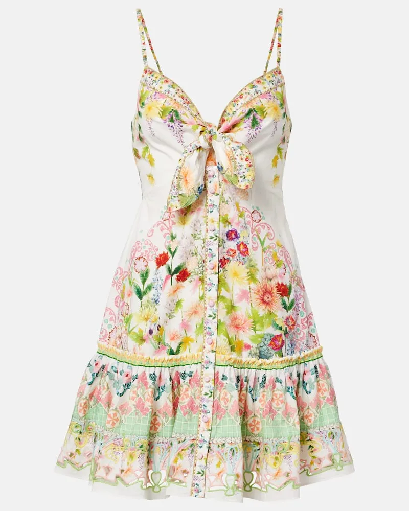 Camilla Abito corto in cotone con stampa floreale e fiocco Bianco