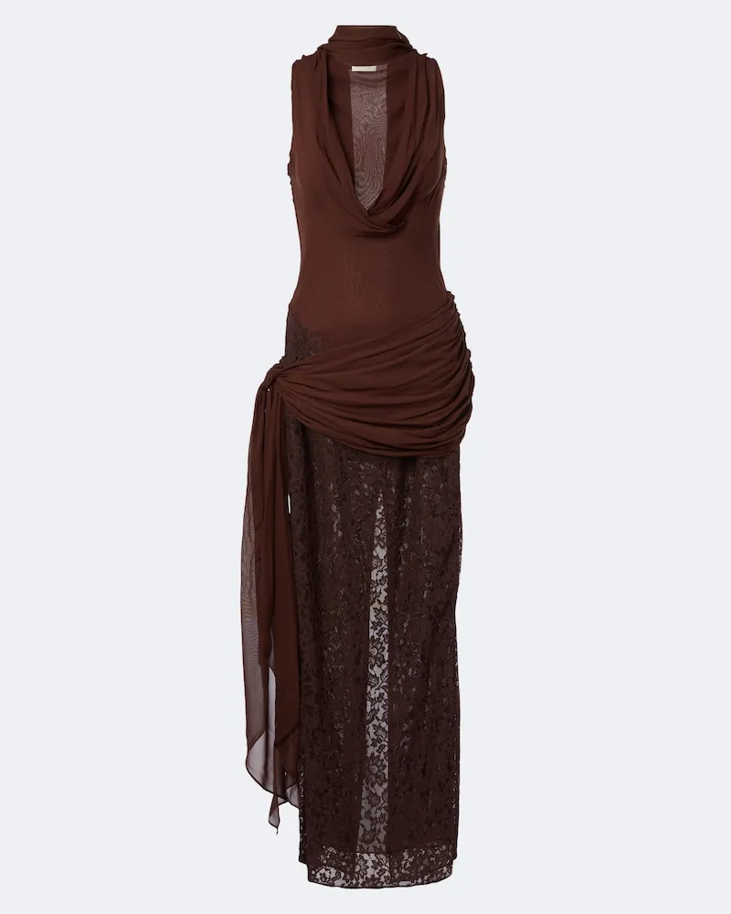 De La Vali Abito lungo Rosa in georgette e pizzo Marrone