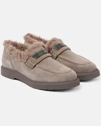 Brunello Cucinelli Mocassini in suede con shearling Grigio