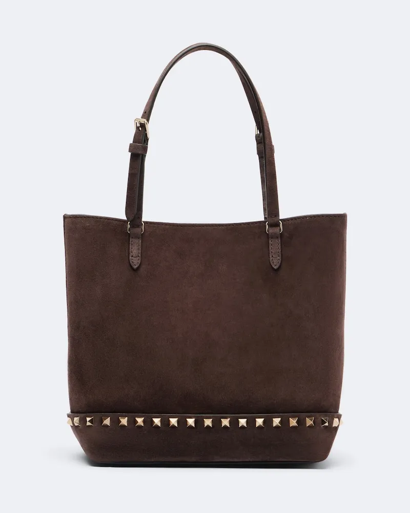 Valentino Garavani Shopper Rockstud Small in suede Marrone