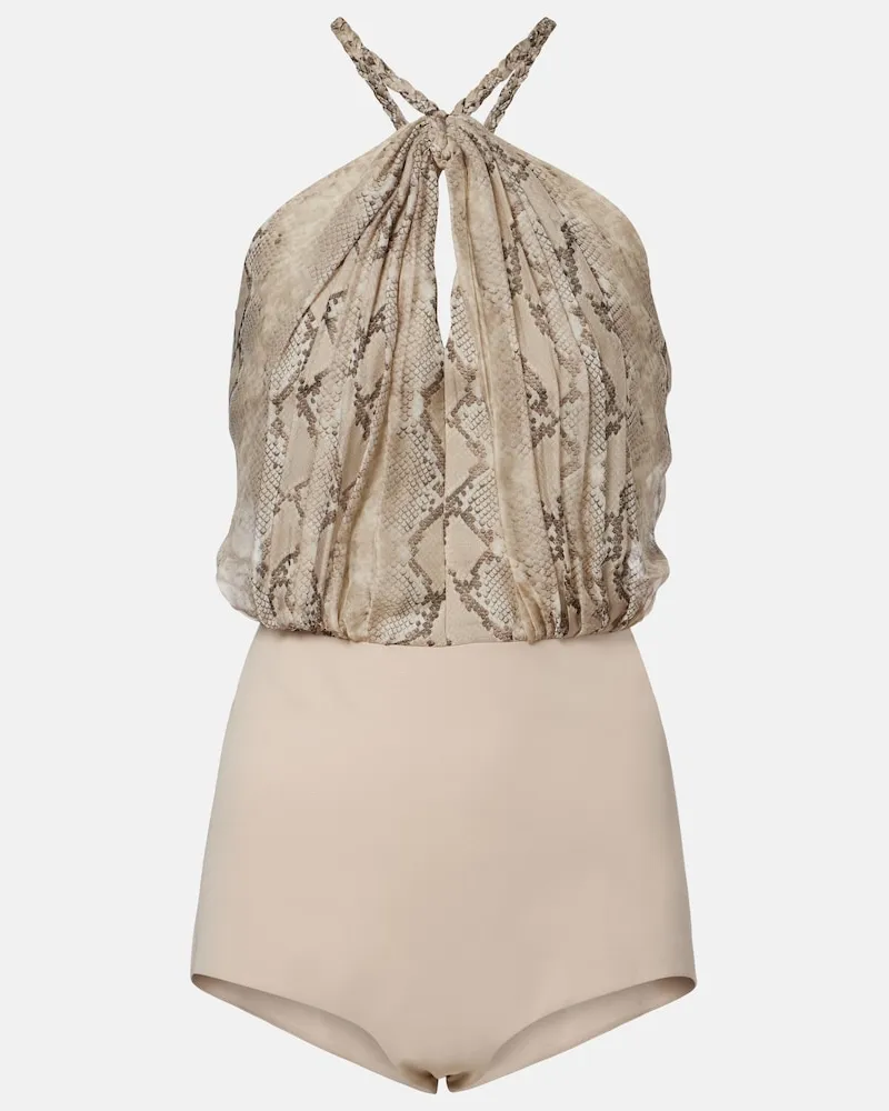 Elie Saab Body in chiffon di seta con stampa Beige