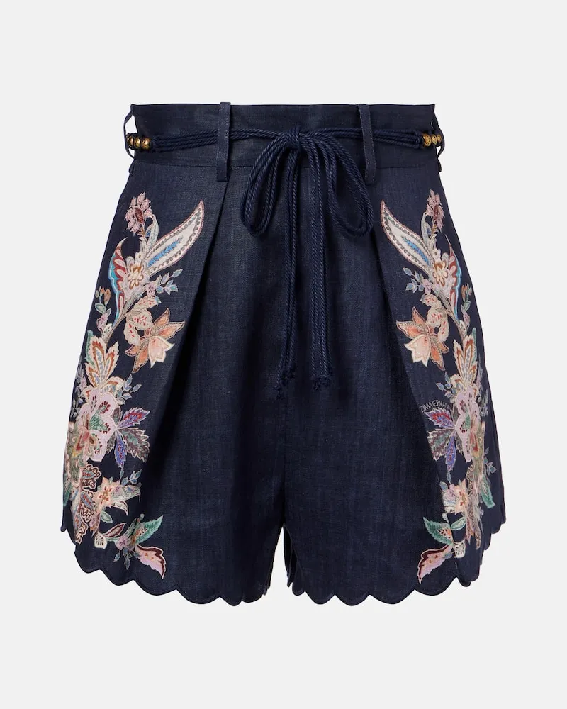 Zimmermann Shorts Rhiannon in lino con ricamo Blu
