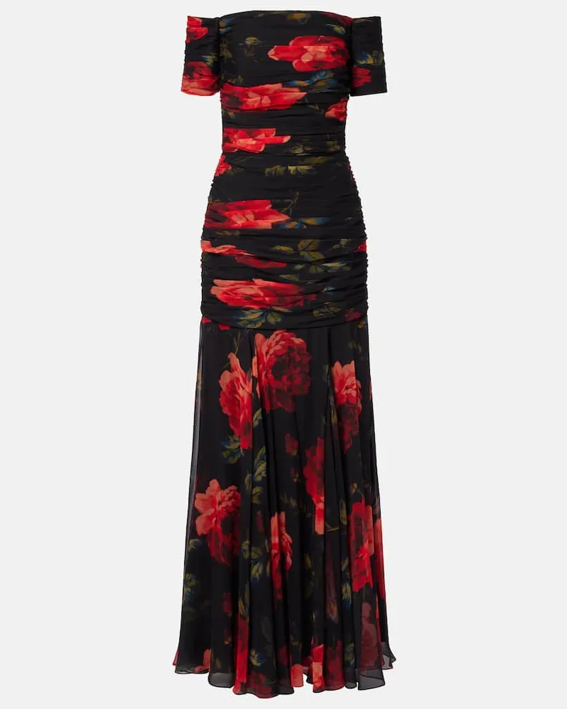 Carolina Herrera New York Abito lungo off-shoulders in chiffon di seta con stampa floreale e ruches Nero