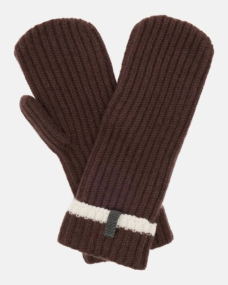 Brunello Cucinelli Manopole in cashmere a coste con Monili Marrone