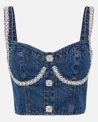 Self-Portrait Top cropped di jeans con cristalli Blu