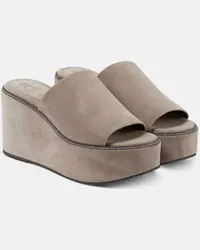 Brunello Cucinelli Sandali in suede con zeppa Beige