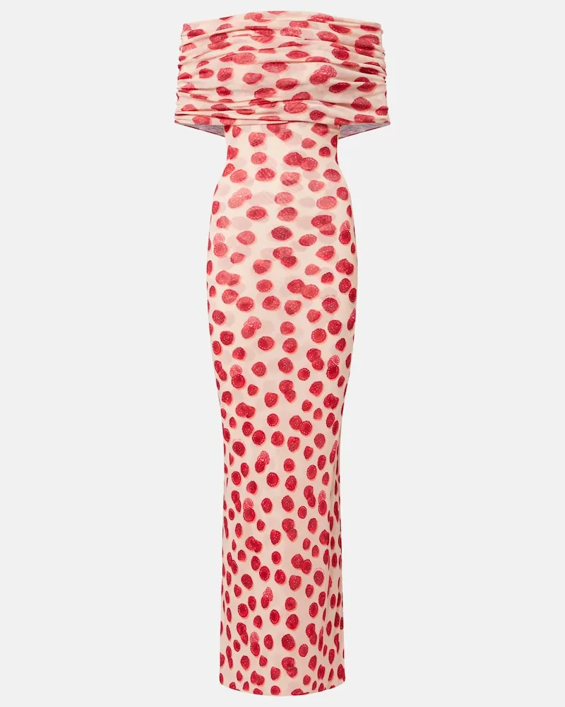 Stella McCartney Abito lungo in rete off-shoulders con stampa Rosso