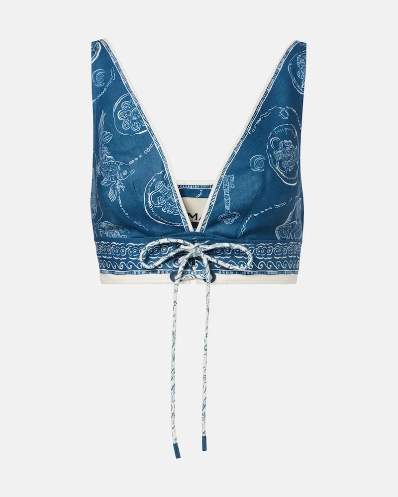 ALEMAIS AlÃ©mais Top cropped Lucky in lino con stampa Blu