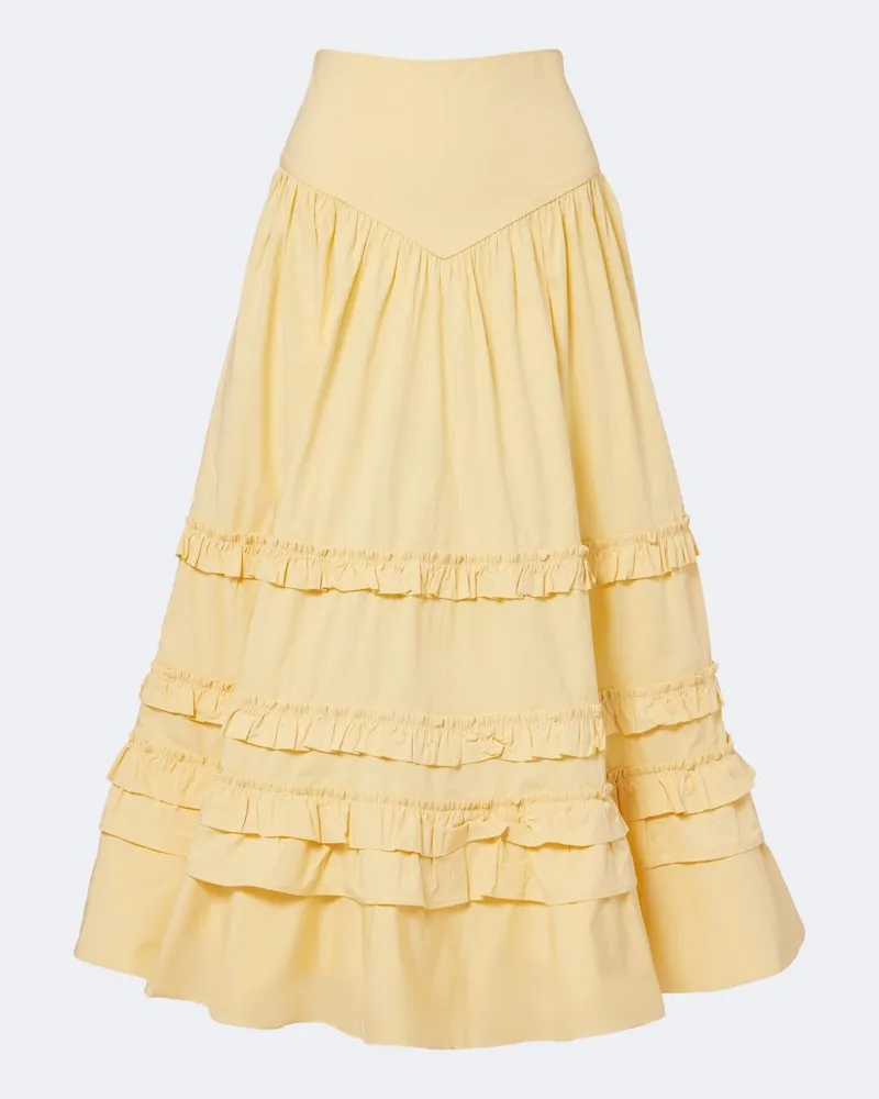 Ganni Gonna midi in misto cotone con volant e balze Giallo