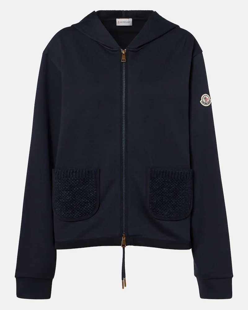 Moncler Felpa con cappuccio in misto cotone con zip Blu
