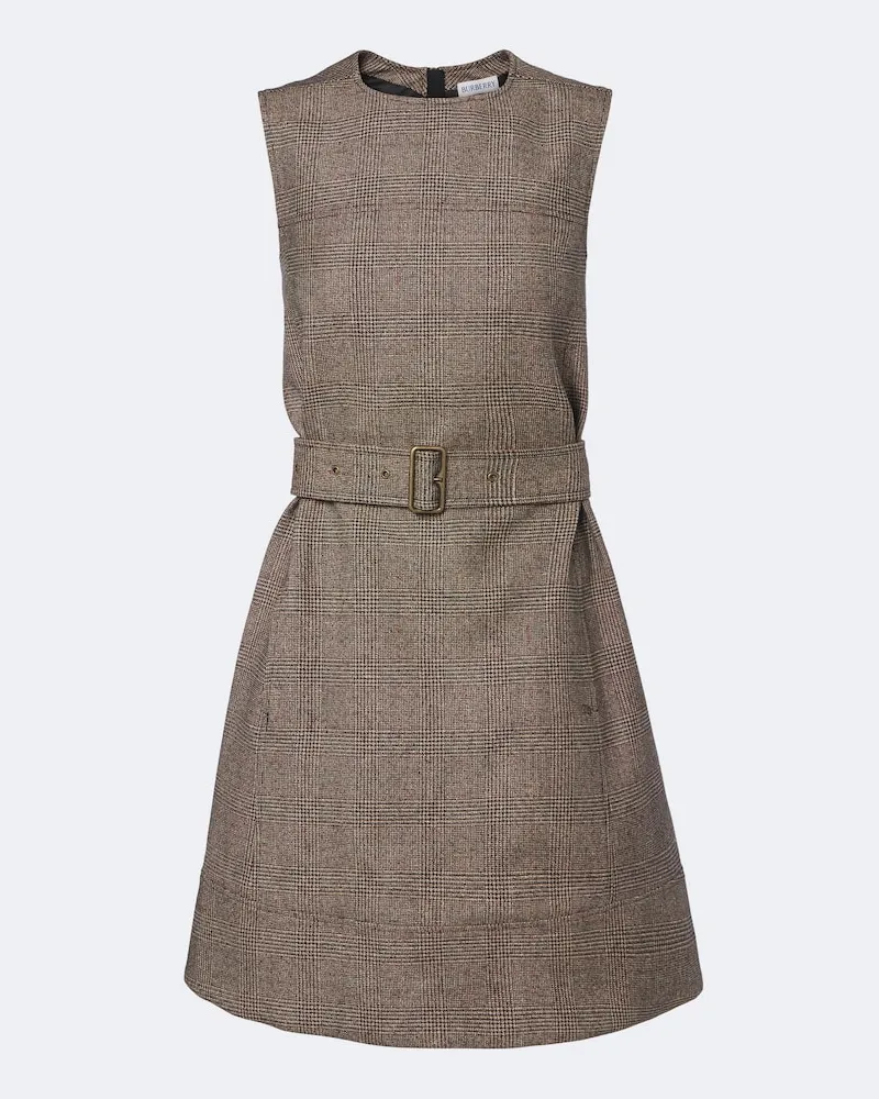 Burberry Abito corto in misto lana e lino a quadri Beige