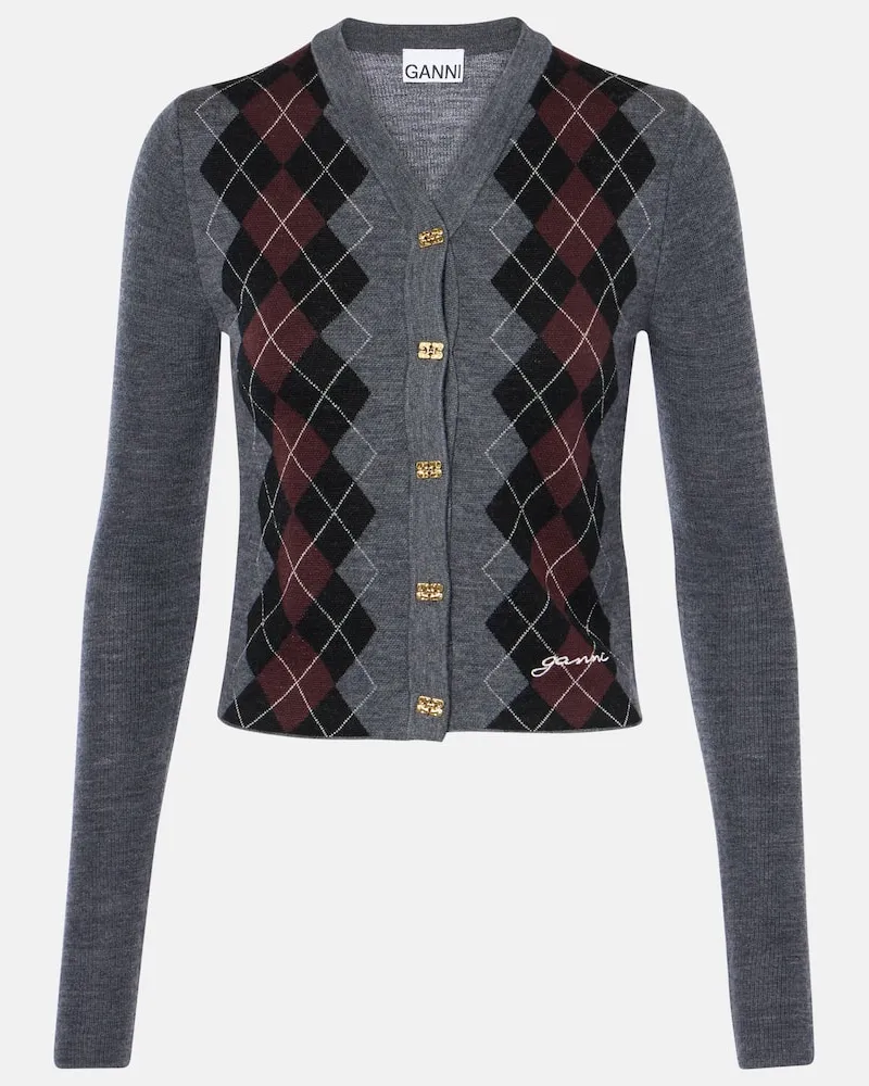 Ganni Cardigan in lana a rombi Grigio