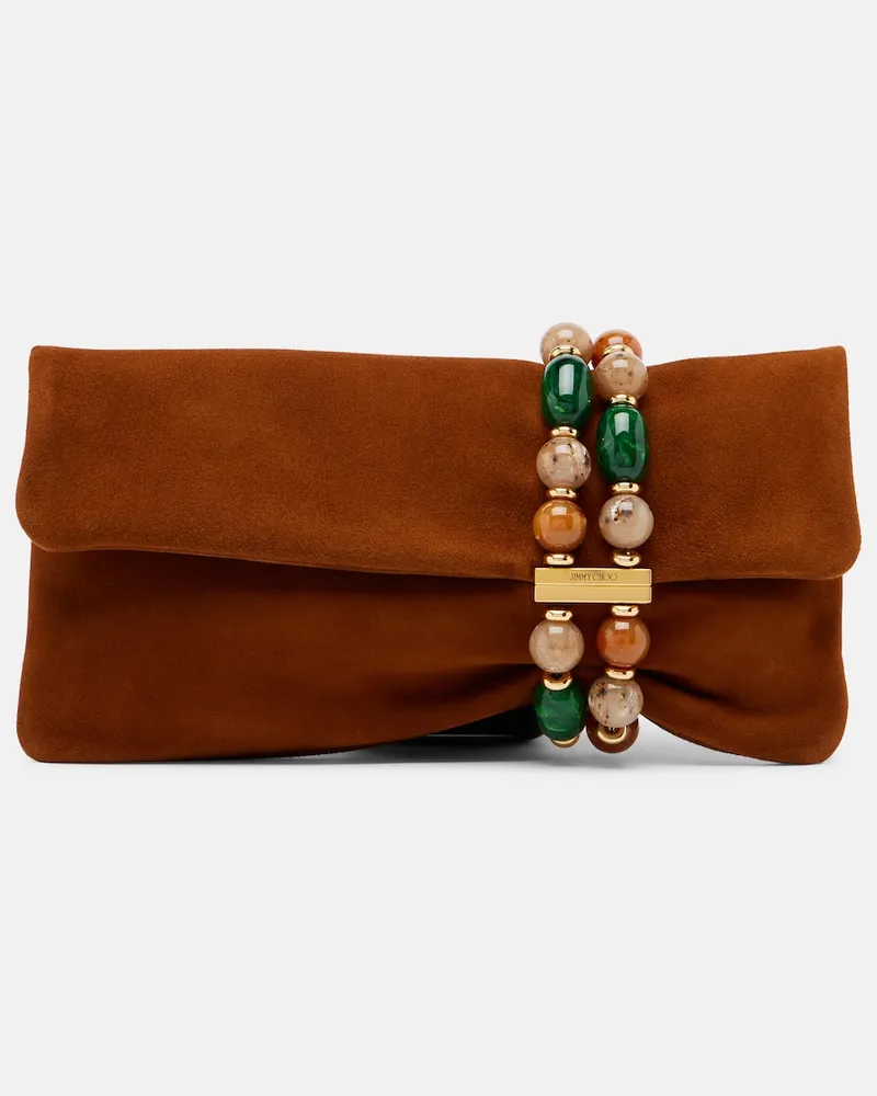 Jimmy Choo Clutch Zandra in suede con perline Marrone