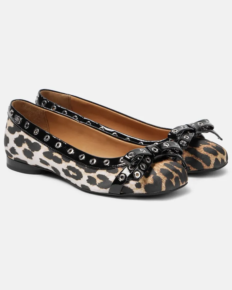 Ganni Ballerine Eyelet Bow in raso con stampa leopardata Giallo