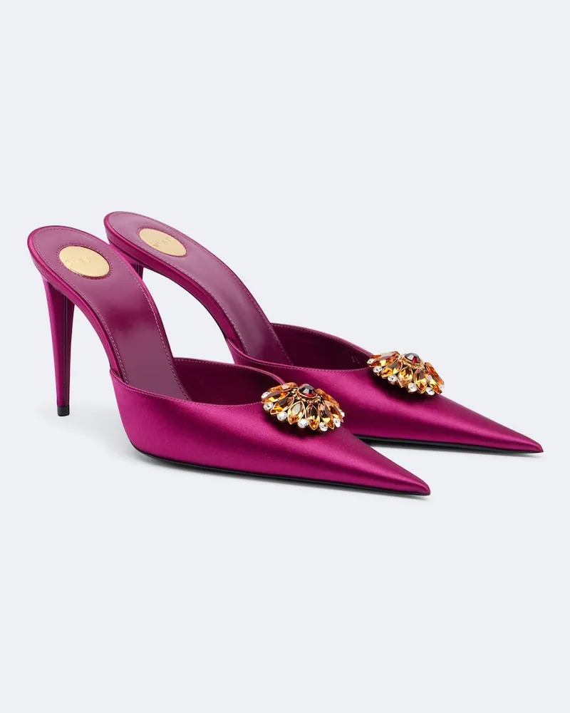 Saint Laurent Mules Cosmo in crêpe di raso con cristalli Viola