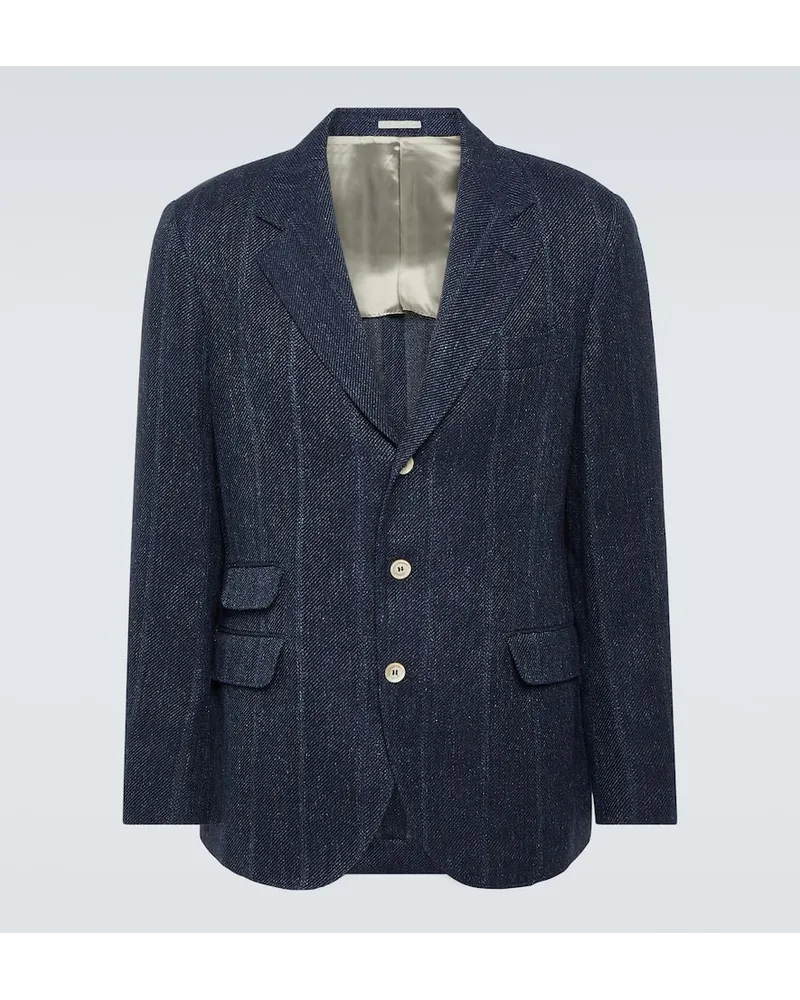 Brunello Cucinelli Blazer in lino, seta e lana a righe Blu